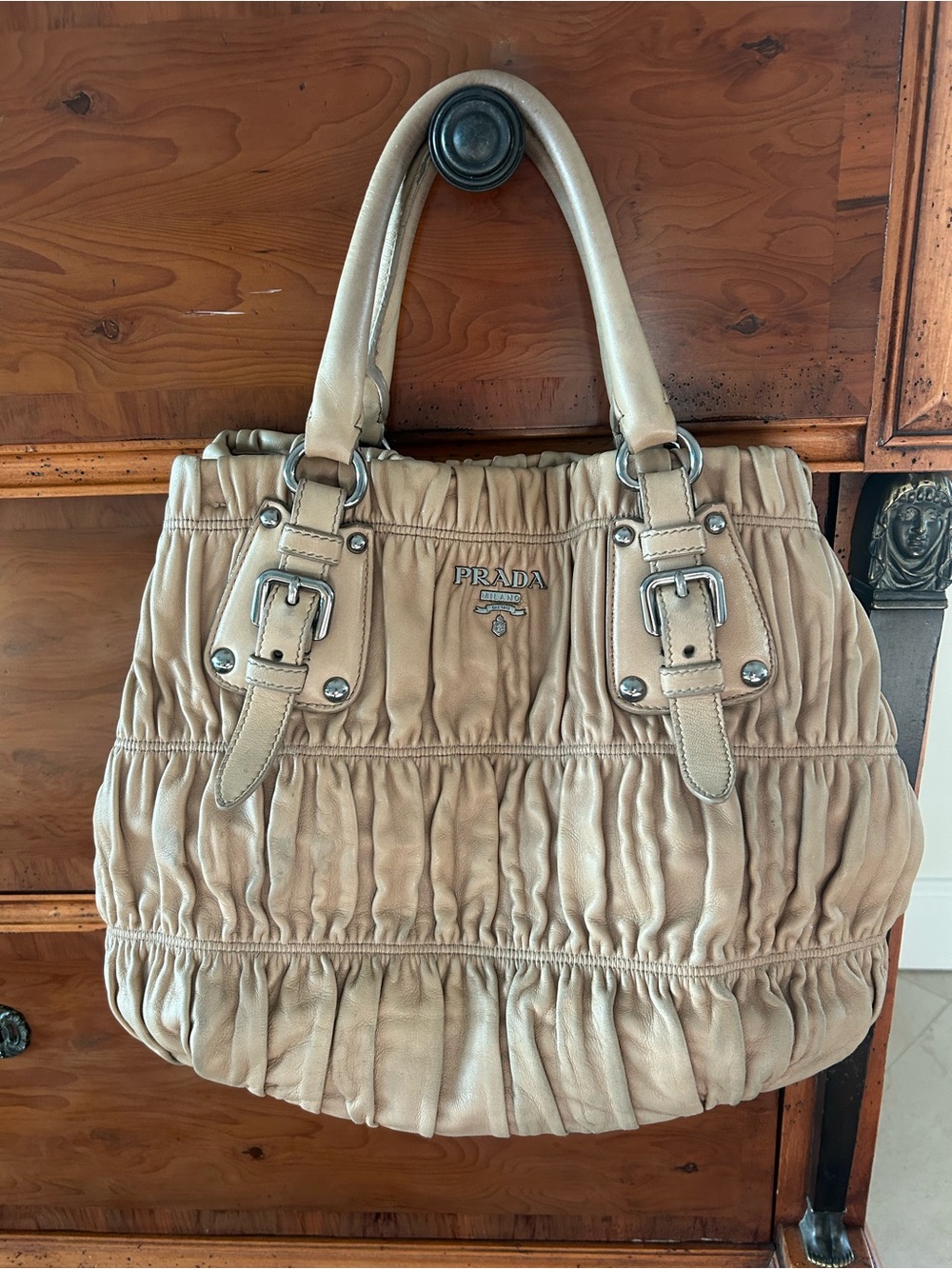 Authentic Napa Gaufre'an Ruched Leather Tote Satchel